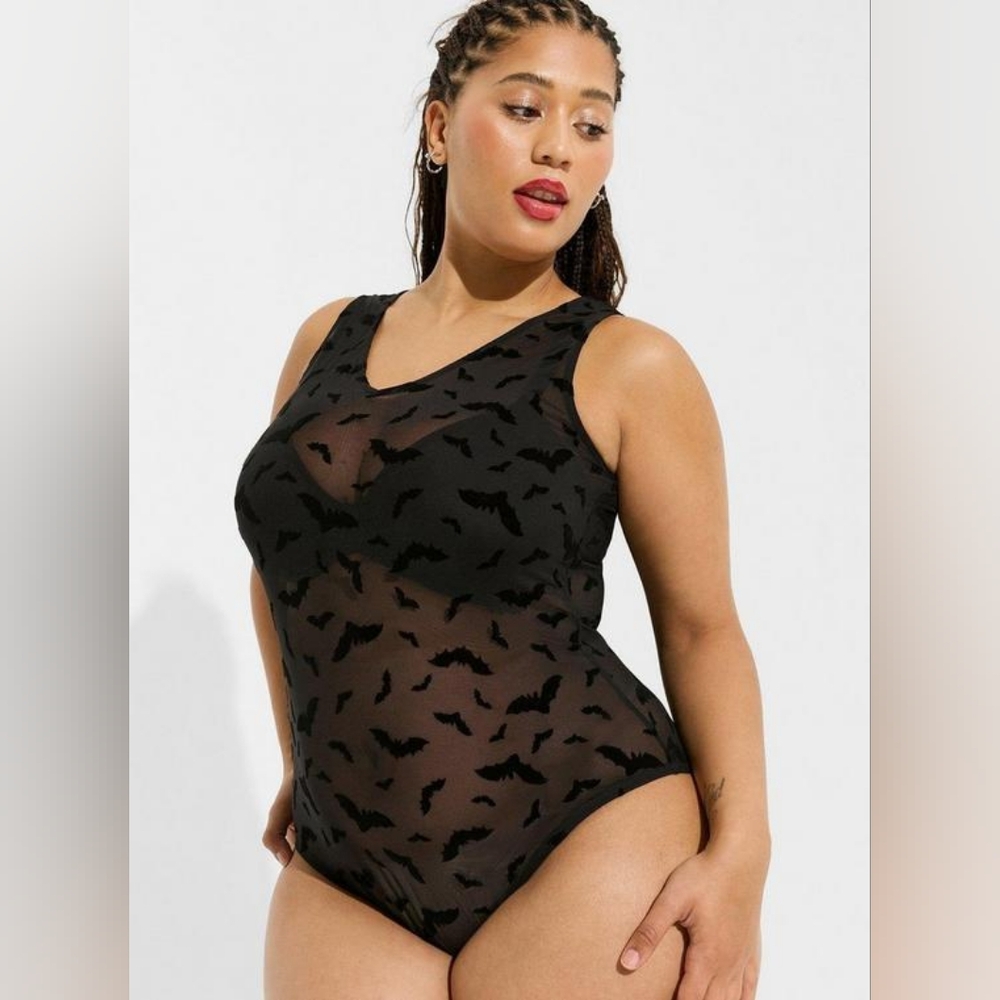 Torrid Curve Flocked Mesh Bats V-Neck Bodysuit